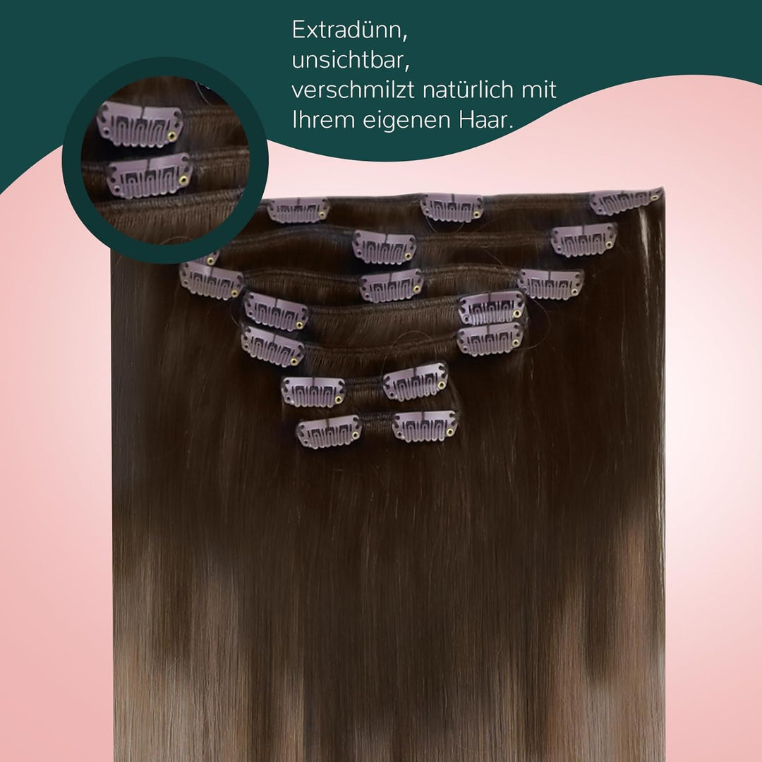 Easyouth Clip in Echthaar Extensions Braun Ombre Extensions Echthaar Clip in Dunkelbraun Balayage Mi