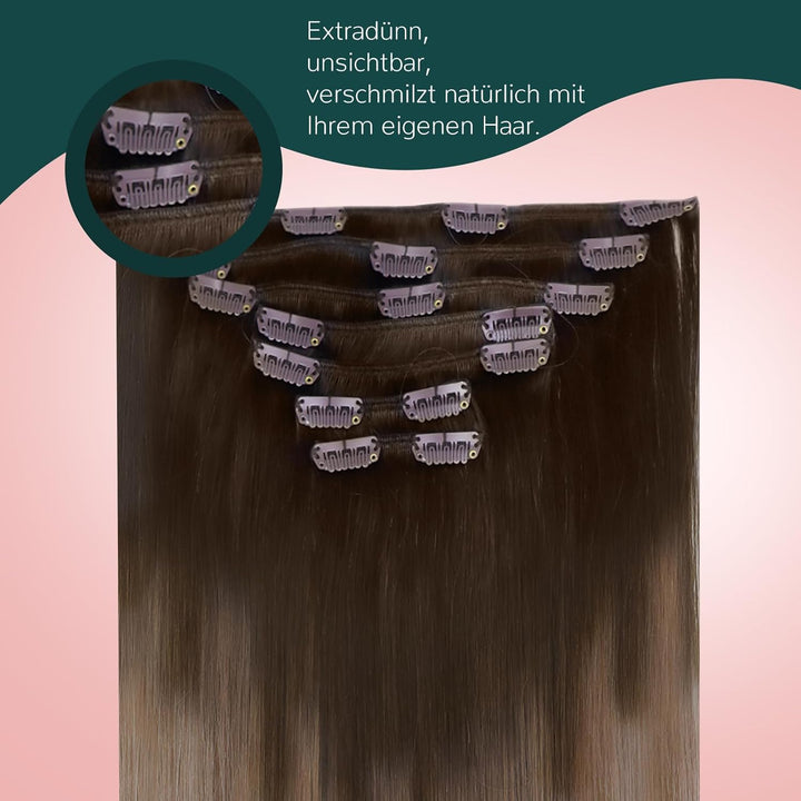 Easyouth Clip in Echthaar Extensions Braun Ombre Extensions Echthaar Clip in Dunkelbraun Balayage Mi
