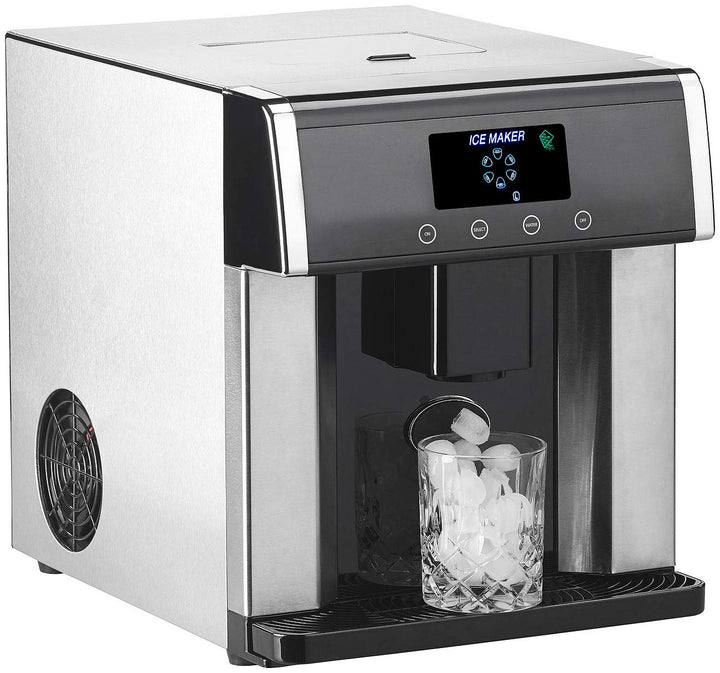 Rosenstein & Söhne Eiswürfelbereiter: Eiswürfelmaschine & Wasserspender V2 mit XL-Display, Edelstahl