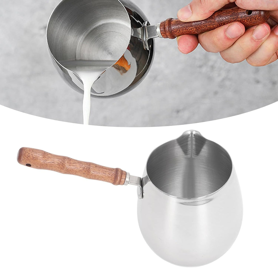 Kleiner Kaffeewärmer, Kaffeekanne mit Holzgriff, Milchtopf, Mini-Milchwärmer, 304 Edelstahl, Butterw