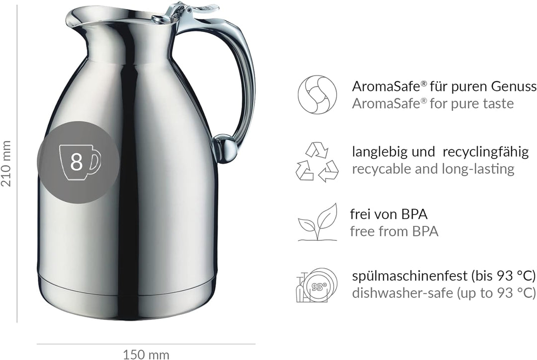 alfi HOTELLO 1,0l, Isolierkanne aus doppelwandigem Edelstahl, hält 4 Stunden warm, 6 Stunden kalt, l