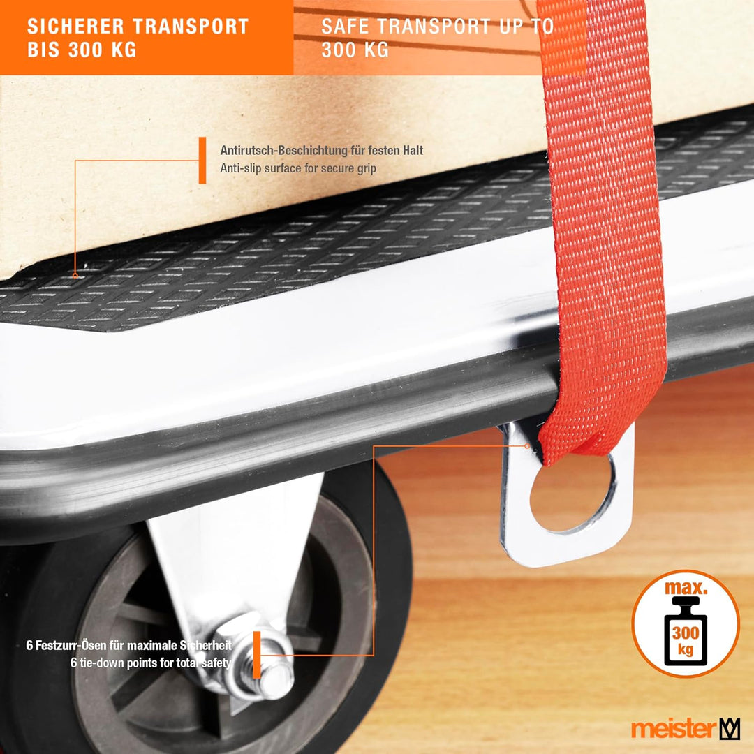 Meister Plattformwagen - Klappbar - Bis 300 kg Tragkraft - Feststellbremse / Transporthilfe mit Lenk
