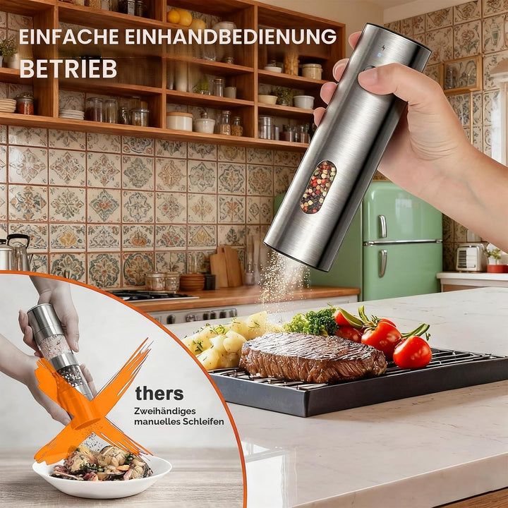 Elektrische Salz und Pfeffermühle Set, SINZONeu® Edelstahl Mühlen mit USB-C Ladestation, 5 Stufen Ma