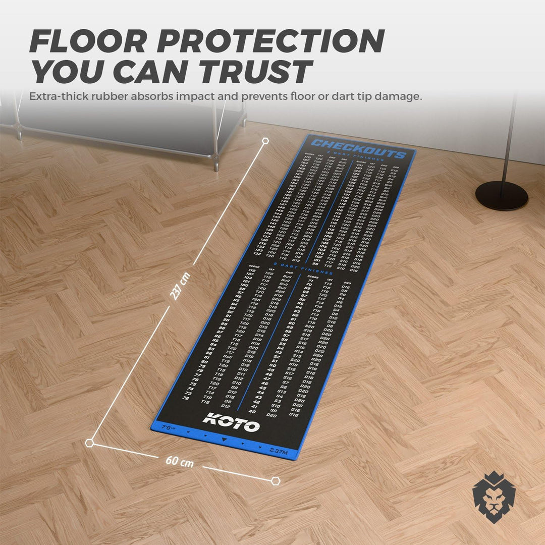 KOTO - Carpet Checkout Dartmatte, Schutz Bodens und Dartpfeile, Mit Score-Indikation + Oche 237x60cm