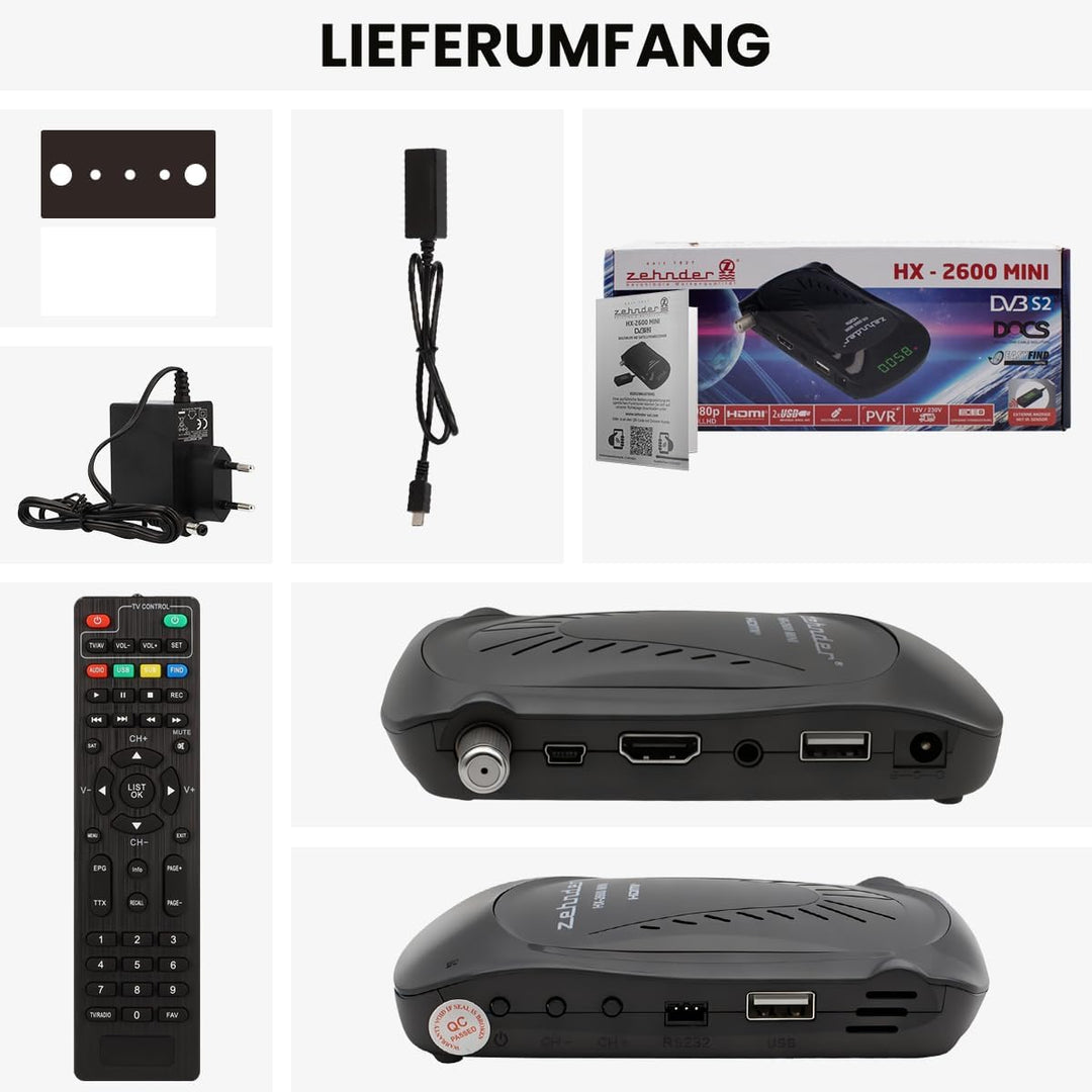 ZEHNDER HX 2600 Mini - Full HD DVB-S2 Receiver I externer IR Sensor mit LED Display I 2 in 1 Fernbed