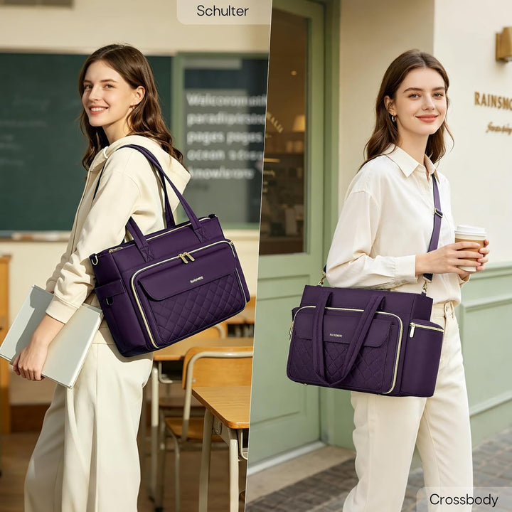 RAINSMORE Lehrertasche Damen Gross Laptoptasche, 15,6 Zoll, Lila | Arbeitstasche Isolierfach und Gro
