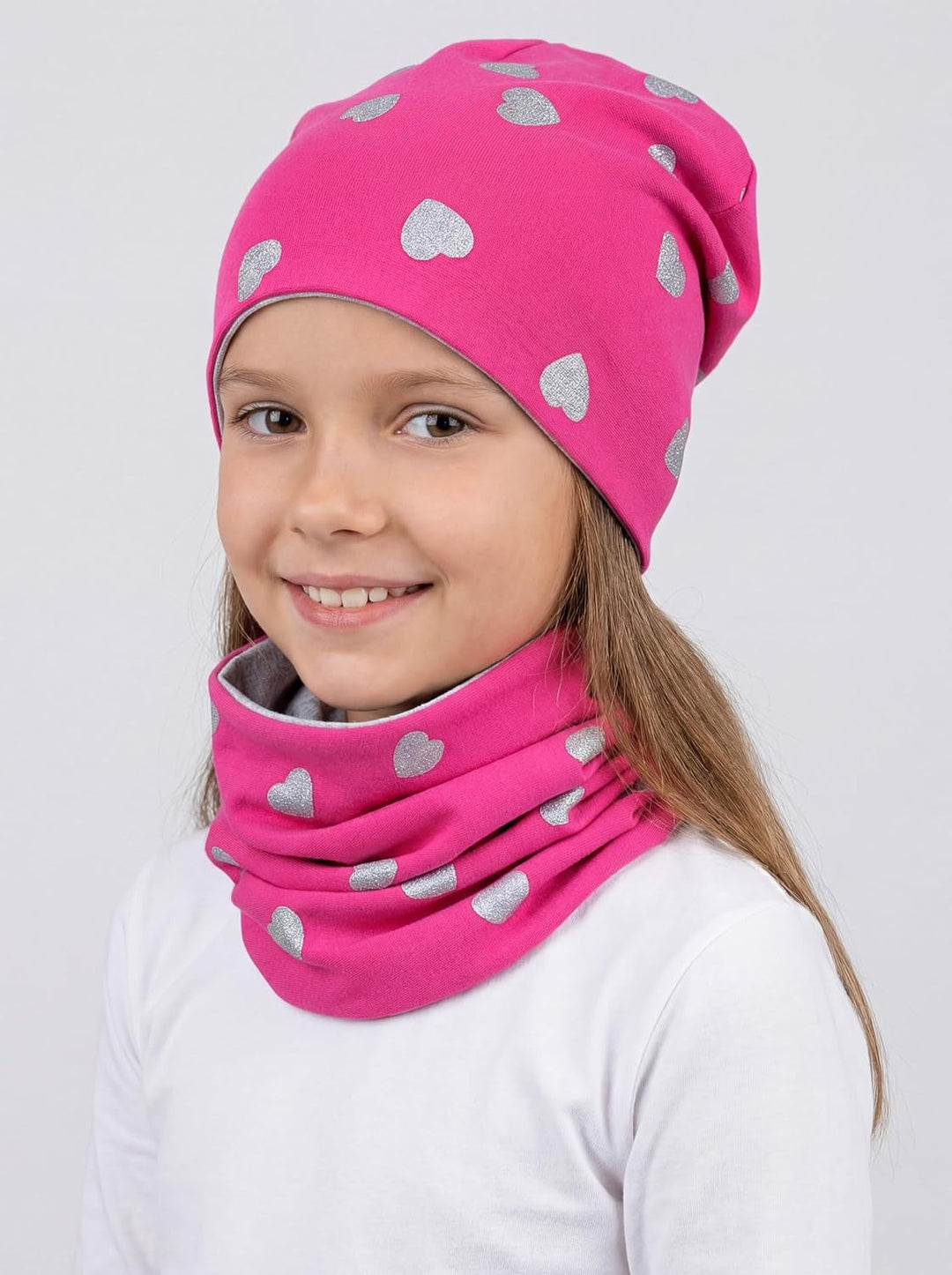 TupTam Unisex Kinder Beanie Mütze Schlauchschal Set 56-58 Herzen Glitzer Grau / Amaranth Grau Melier