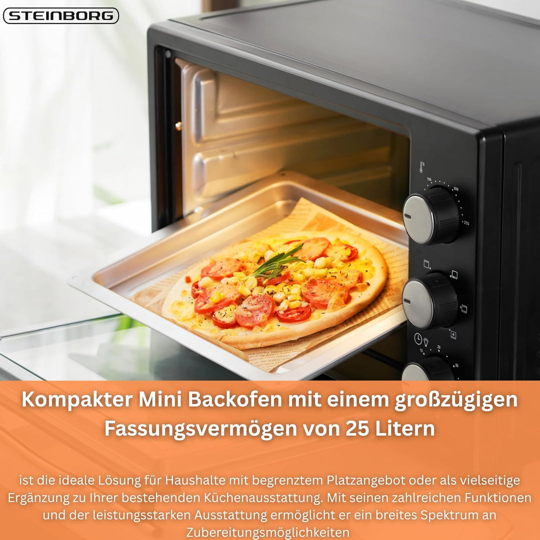 Mini Backofen 25 Liter | Pizza-Ofen | 3in1 Backofen | Minibackofen | Miniofen | Krümelblech | Ober-/