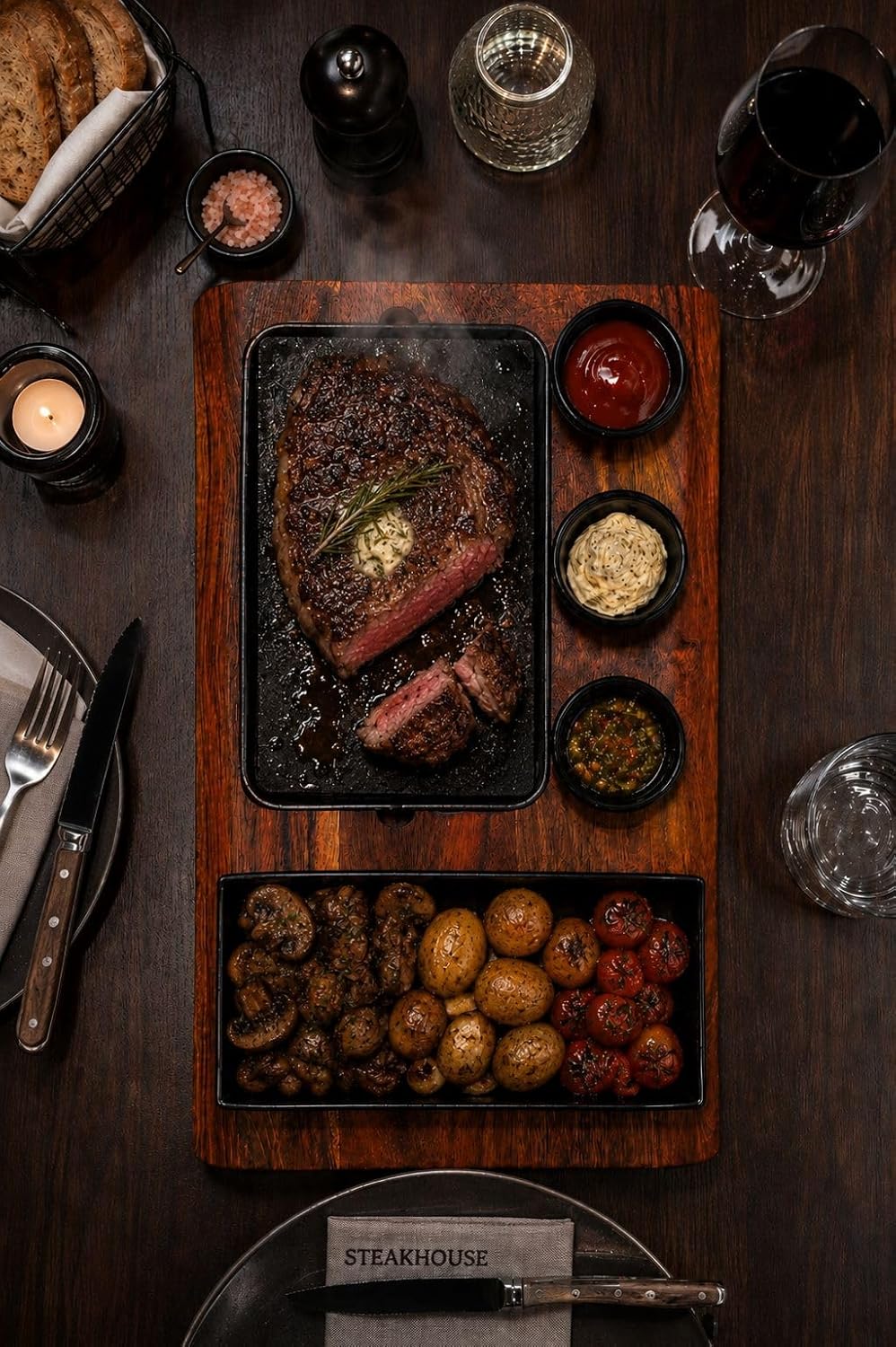 Heisser Stein Steak Set mit Akazienholzbrett – Lavastein zum Grillen am Tisch, Steakstein mit Edelst
