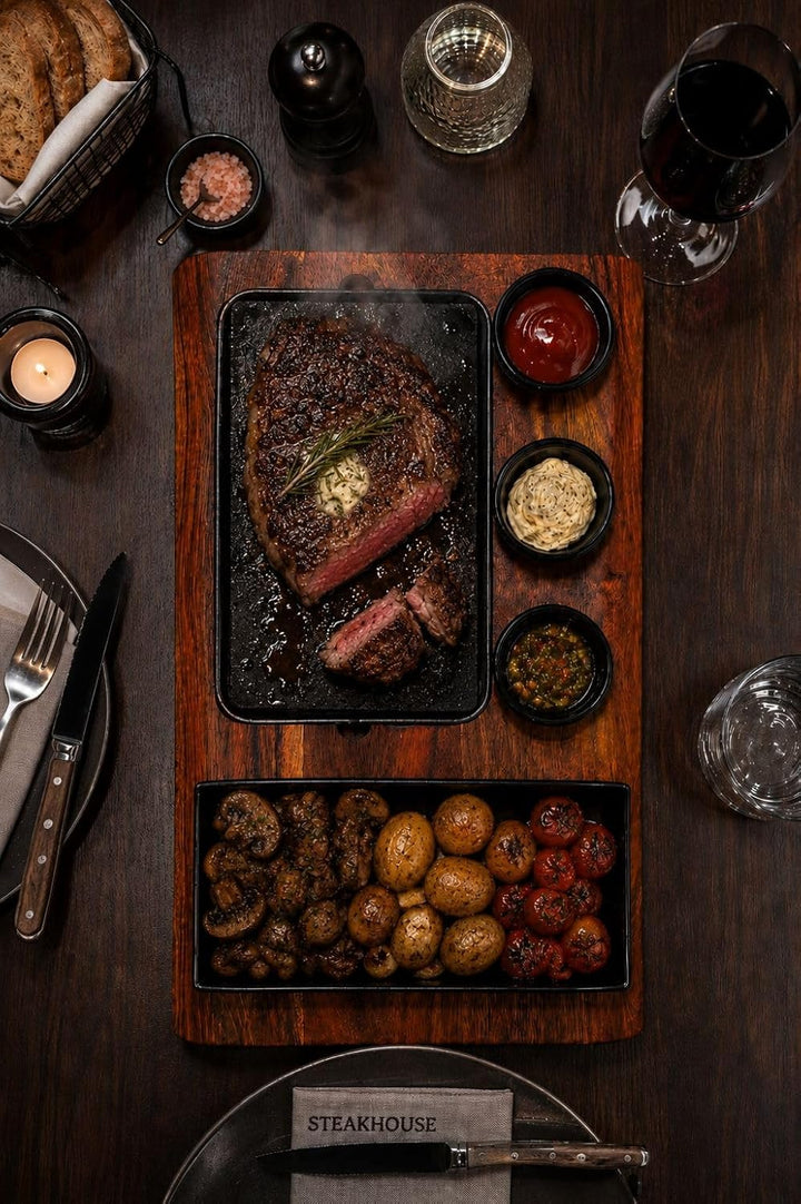 Heisser Stein Steak Set mit Akazienholzbrett – Lavastein zum Grillen am Tisch, Steakstein mit Edelst