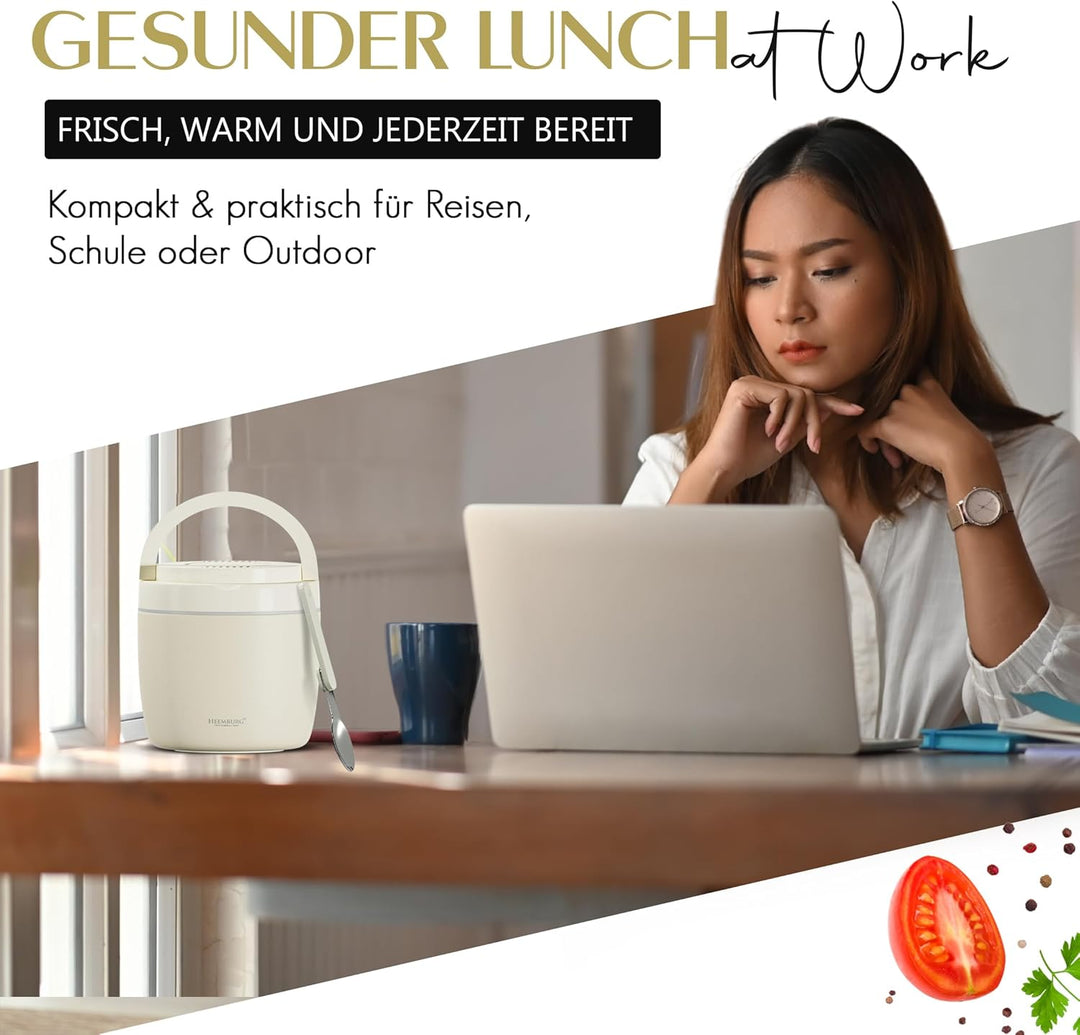 HEEMBURG Thermobehälter für Essen, Henkelmann 1L, Edelstahl, Doppelwand isoliert, Lunchbox Warmhalte