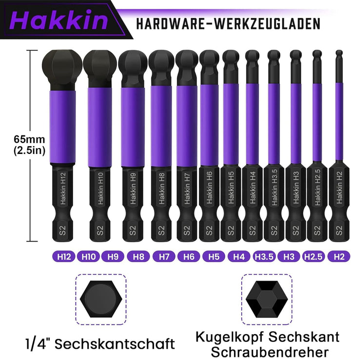 Hakkin Sechskant Bit Set Lang12 Stück 65 mm Kugelkopf Schraubendreher Bit 1/4" S2 Bitsatz für Akkusc