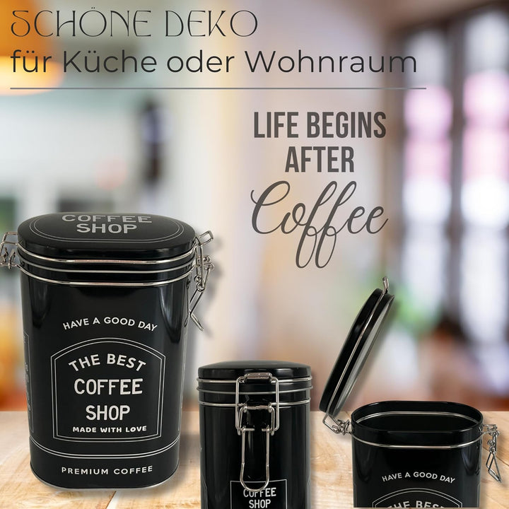MediMuc Vorratsdose Kaffeedose Teedose oval lackiert schwarz mit weisser Schrift mit Bügelverschluss