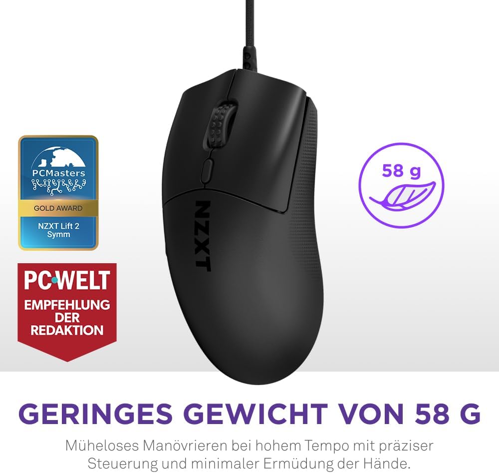 NZXT Lift 2 Symm | Leichte symmetrische kabelgebundene Gaming-Maus | Leichte 58-g-Konstruktion | 8K-