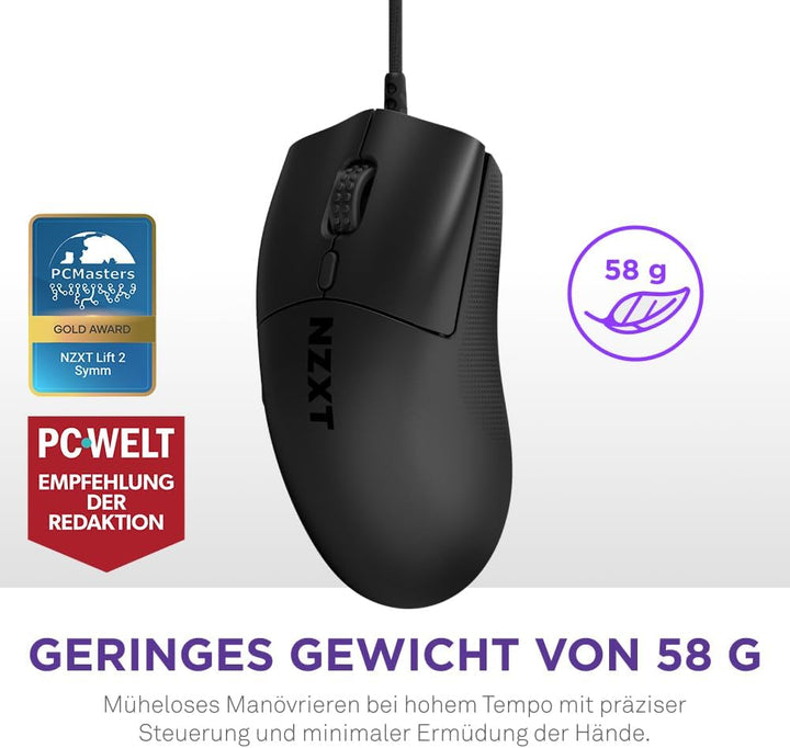 NZXT Lift 2 Symm | Leichte symmetrische kabelgebundene Gaming-Maus | Leichte 58-g-Konstruktion | 8K-