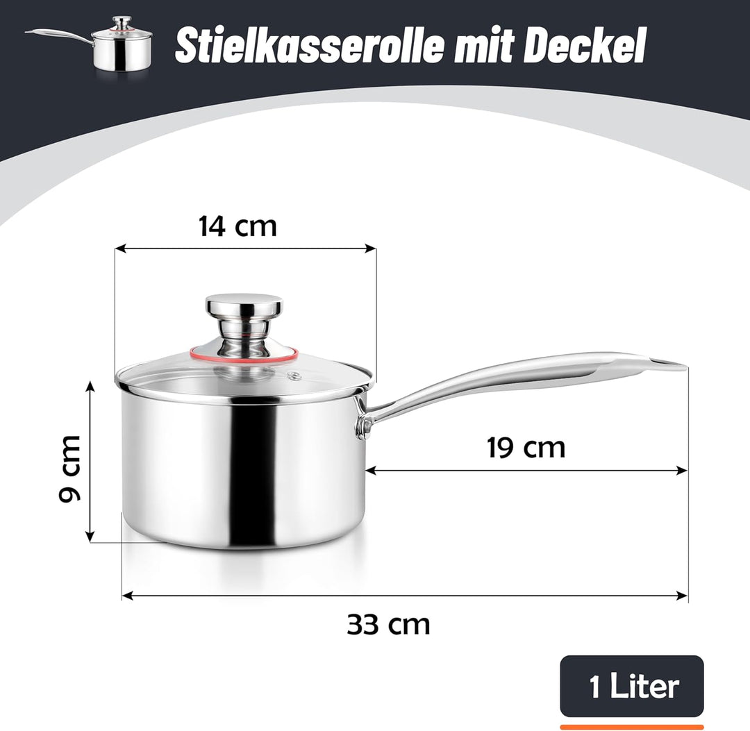 Herogo Stielkasserolle, 18/10 Edelstahl Milchtopf mit Deckel 1 L, 14 cm Saucenpfanne Kochtopf mit La