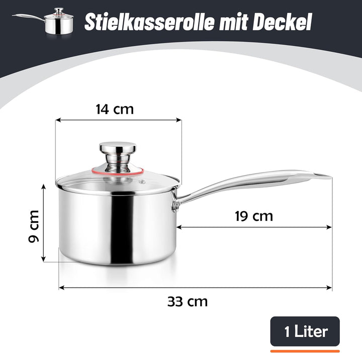 Herogo Stielkasserolle, 18/10 Edelstahl Milchtopf mit Deckel 1 L, 14 cm Saucenpfanne Kochtopf mit La