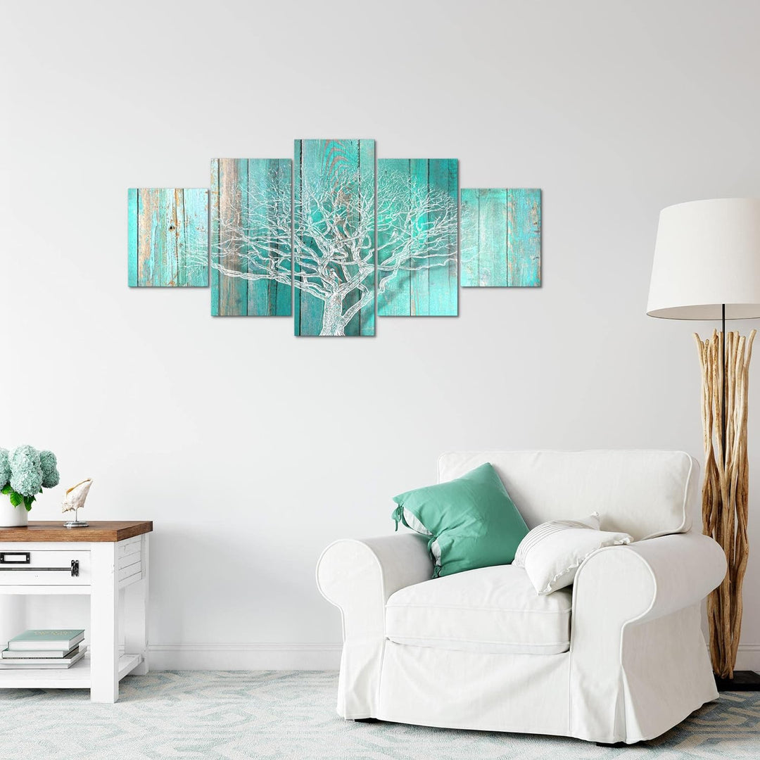 Runa Art Wandbilder Baum Abstrakt 5 Teilig Bild auf Vlies Leinwand Deko Wohnzimmer Holzmotiv Türkis