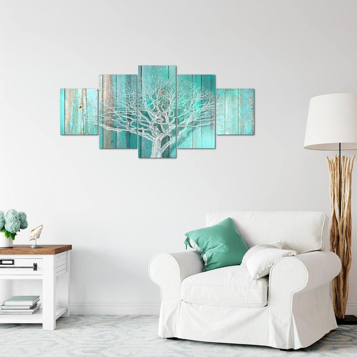 Runa Art Wandbilder Baum Abstrakt 5 Teilig Bild auf Vlies Leinwand Deko Wohnzimmer Holzmotiv Türkis