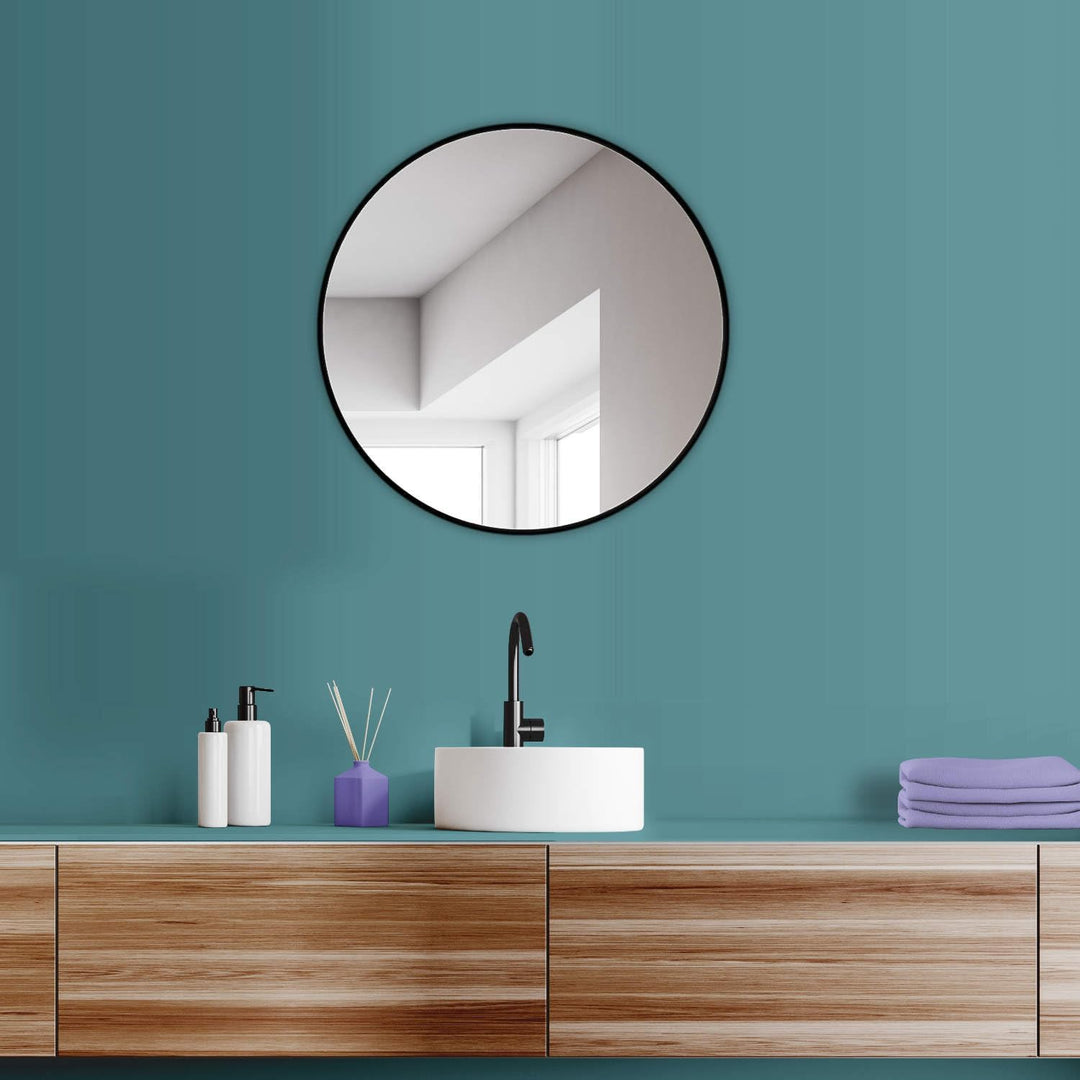 HOKO® Design Wandspiegel rund 60 cm mit Metall Rahmen Matt Schwarz. Runder Design Spiegel für Bad, F