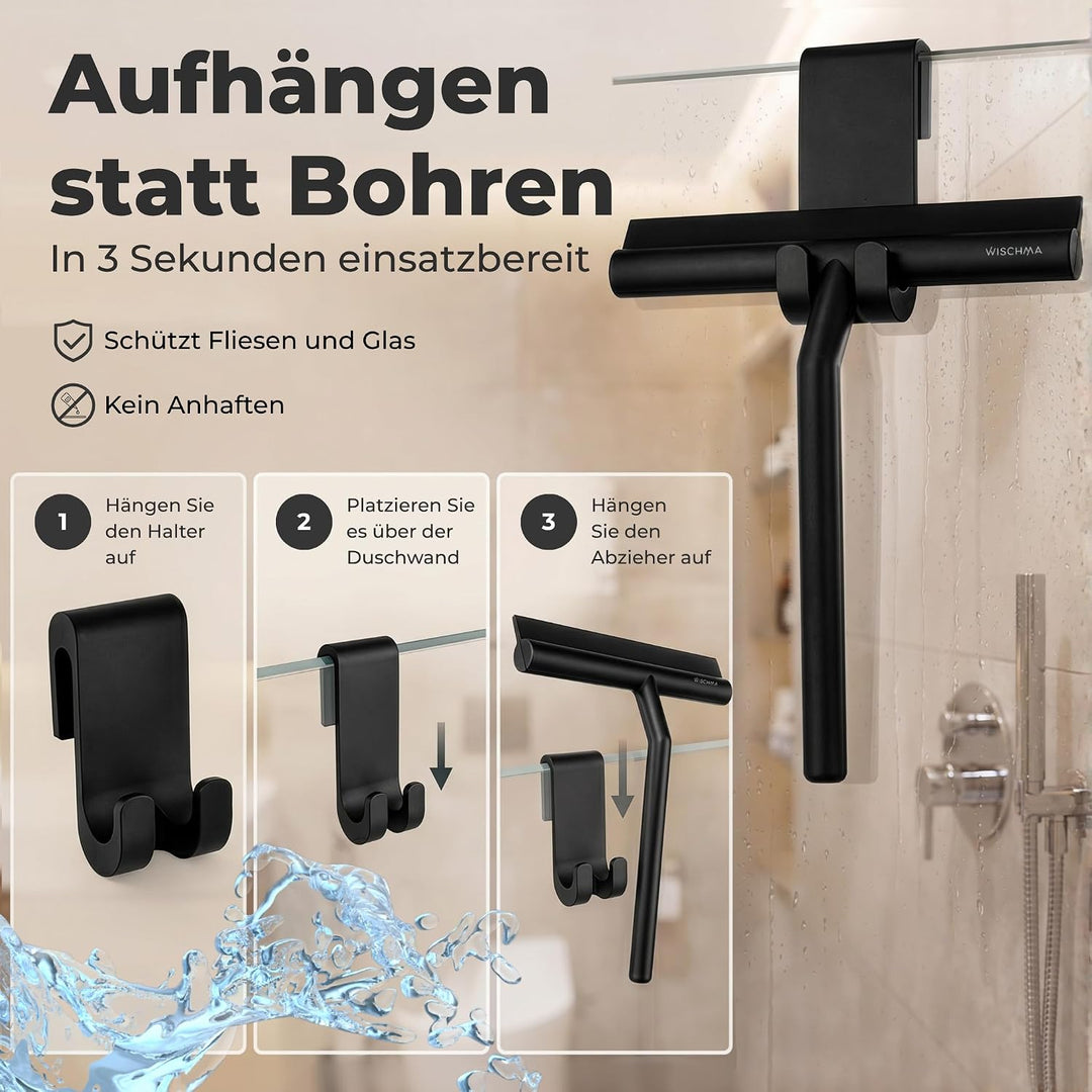 WISCHMA [Das Original] Duschabzieher schwarz Silikon − Abzieher Dusche mit Halterung ohne Bohren − G