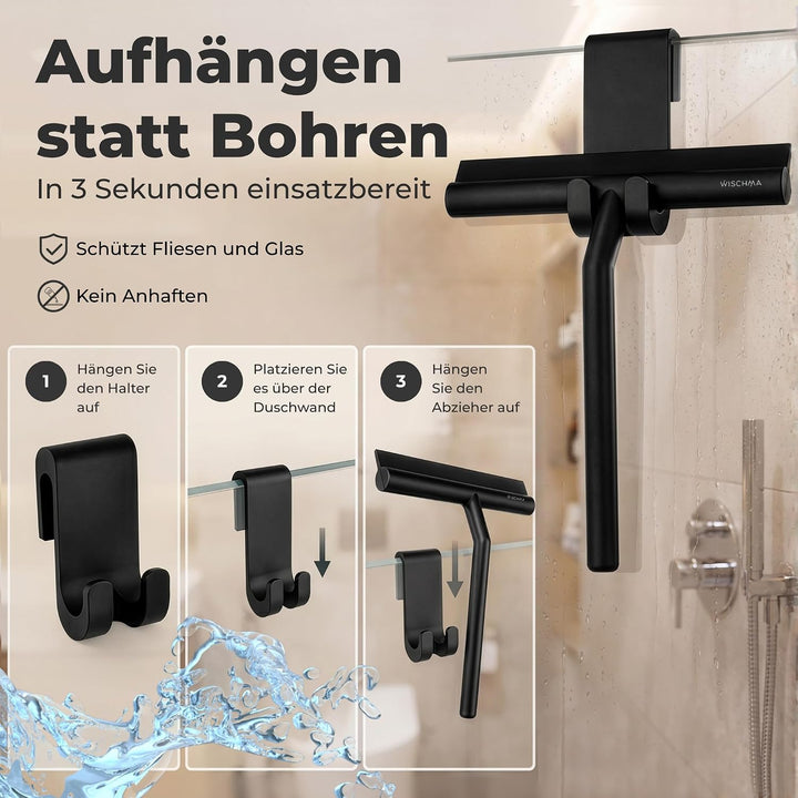 WISCHMA [Das Original] Duschabzieher schwarz Silikon − Abzieher Dusche mit Halterung ohne Bohren − G