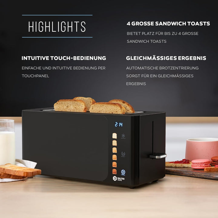 Balter Toaster 4 Scheiben Touch Bedienung, Langschlitz, Edelstahl, Brötchenaufsatz, LCD Display Rest