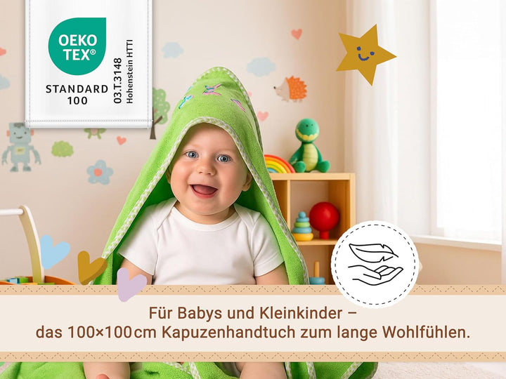 ZOLLNER Baby Kapuzenbadetuch, Kapuzenhandtuch, 100x100 cm, Baumwolle, grün, Grün