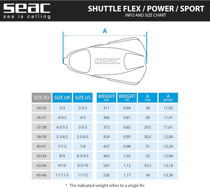 Seac Unisex-Adult Shuttle Flex Kurze Schwimmflossen aus 100% Silikon 43/44 hell blau, 43/44 hell bla