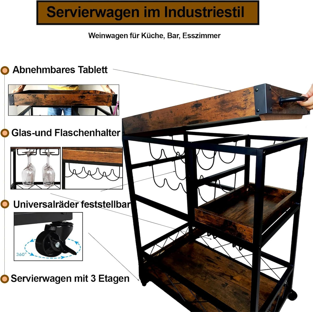 Servierwagen, Servierwagen im Industriestil mit Rollen,Barwagen mit Glas- Und Flaschenhaltern, Abneh