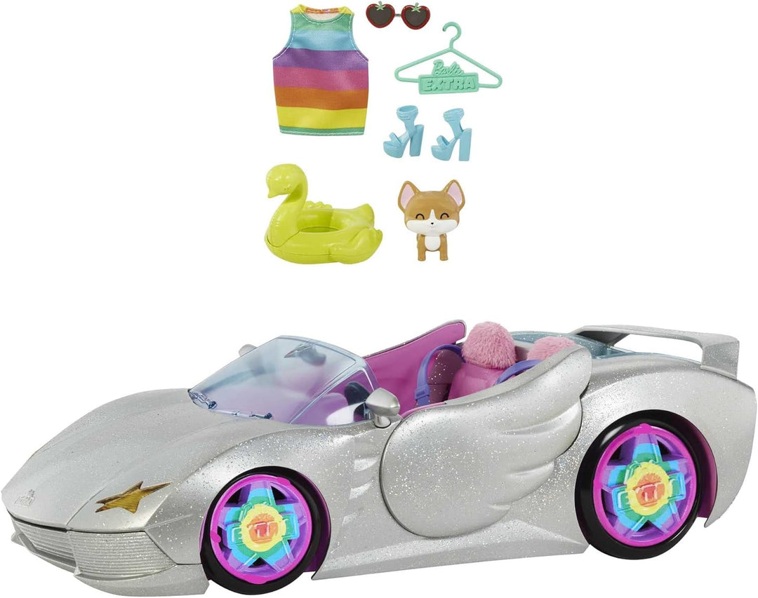 Barbie HDJ47 - Extra Auto Cabrio (glitzert) mit regenbogen Reifen, silbernes Cabrio, rosa Innenausst