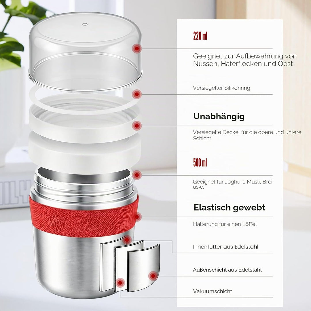 Müslibecher to GoEdelstahl Müslibecher to go 500 ml + 220 ml Inklusive Löffel, auslaufsicher und iso