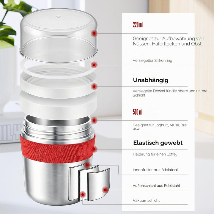 Müslibecher to GoEdelstahl Müslibecher to go 500 ml + 220 ml Inklusive Löffel, auslaufsicher und iso