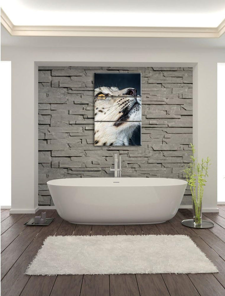 Pixxprint aufschauender Schneeleopard als Leinwandbild - Grösse: 3-Teilig (120x80cm) - Wandbild - Ku