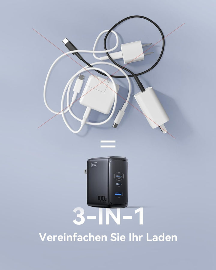 INIU 100W USB C SchnellLadegerät, (GaN Ⅲ) 3 Ports Laptop Netzteil PD PPS ladegerät Fast Charger, Kom