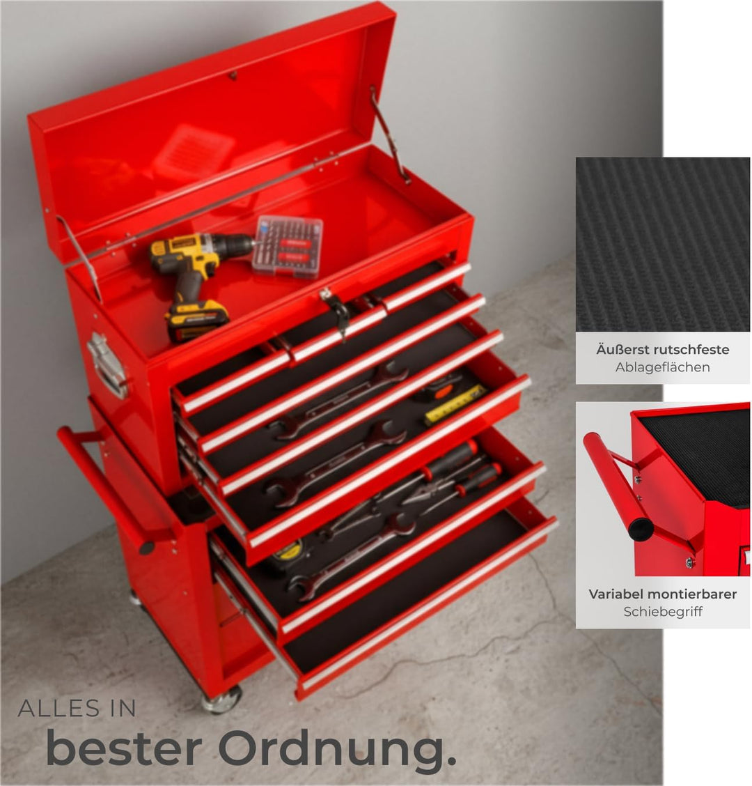 tectake Werkstattwagen Trolley mit Kofferaufsatz, Werkzeug Wagen abschliessbar, 10 Fächer, Mobile We