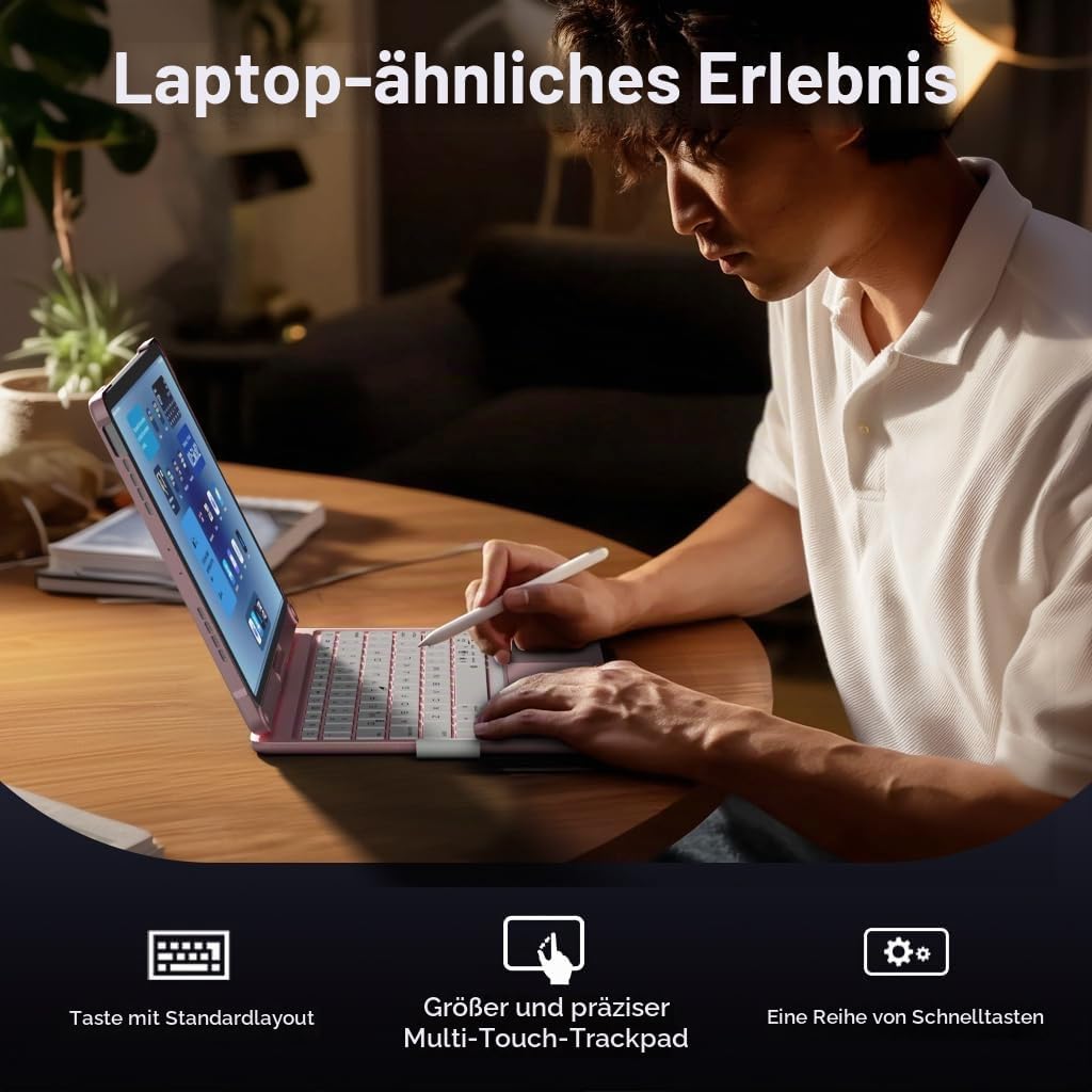 doqo iPad Air 11 &amp; iPad Pro 11 Tastatur Hülle mit Trackpad,360° drehbar Rosa German QWERTZ layout, R
