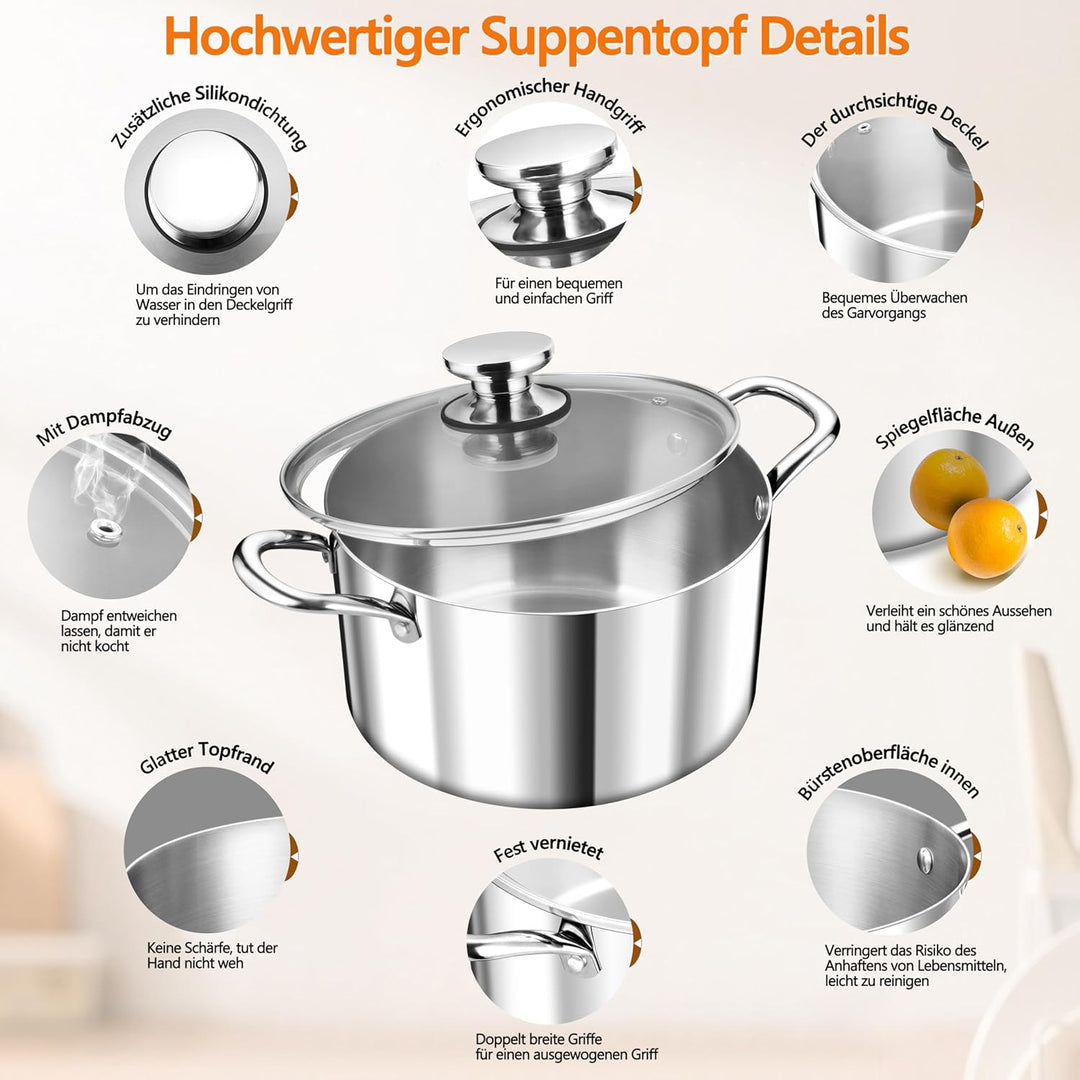 TEAMFAR Kochtopf, 3-Lagen Edeastahl 22cm Topf Induktion mit Glasdeckel, 4,75L Nudeltopf Fleischtopf