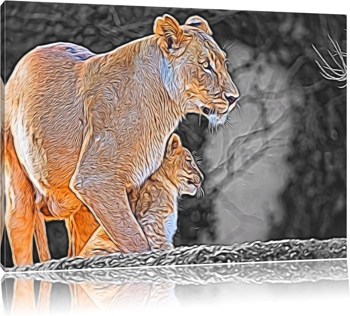 liebevolle Löwenmutter mit Jungtier schwarz/weiss Deluxe Format: 100x70 cm auf Leinwand, XXL riesige