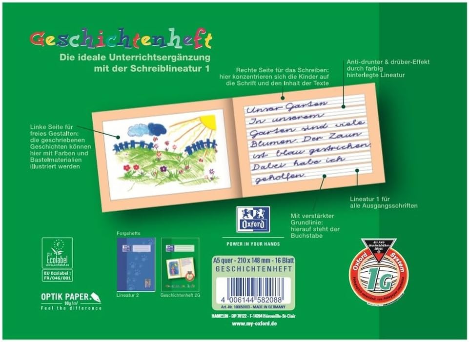 Oxford Geschichtenheft A5 quer, Lineatur 1G (1. Klasse), grün, 10 Stück A5 quer Lineatur 1G Einzelbe
