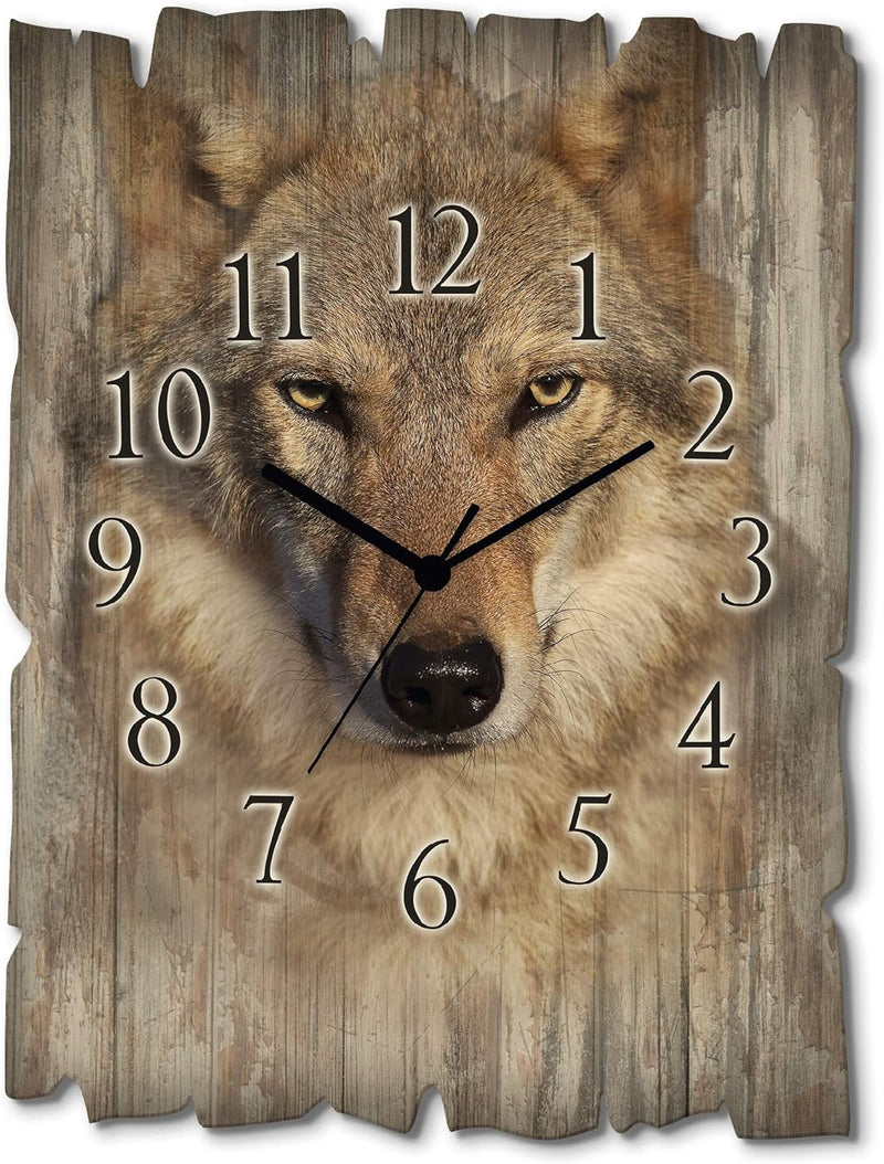 ARTLAND Wanduhr ohne Tickgeräusche aus Holz Funk Uhr 30x40 cm Rechteckig Lautlos Wolf Tiere Wald Nor