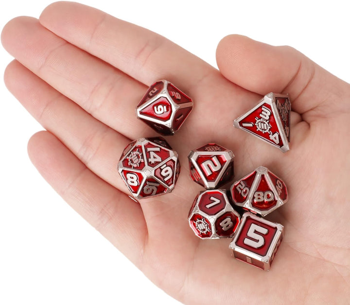 ENHANCE Würfelset aus Metall – 7 polyedrische Würfel mit 2-in-1-Würfeletui und Würfeltablett aus veg