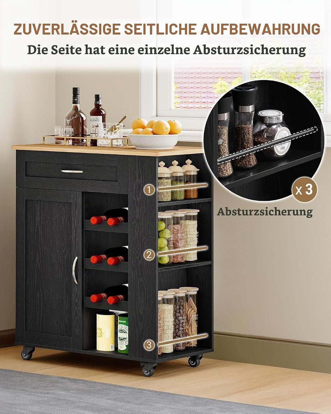 Hzuaneri Servierwagen, Küchenwagen Mit Rädern, 68 × 86 × 40 cm, Schwarz | Weinregal, Kücheninsel, Ko