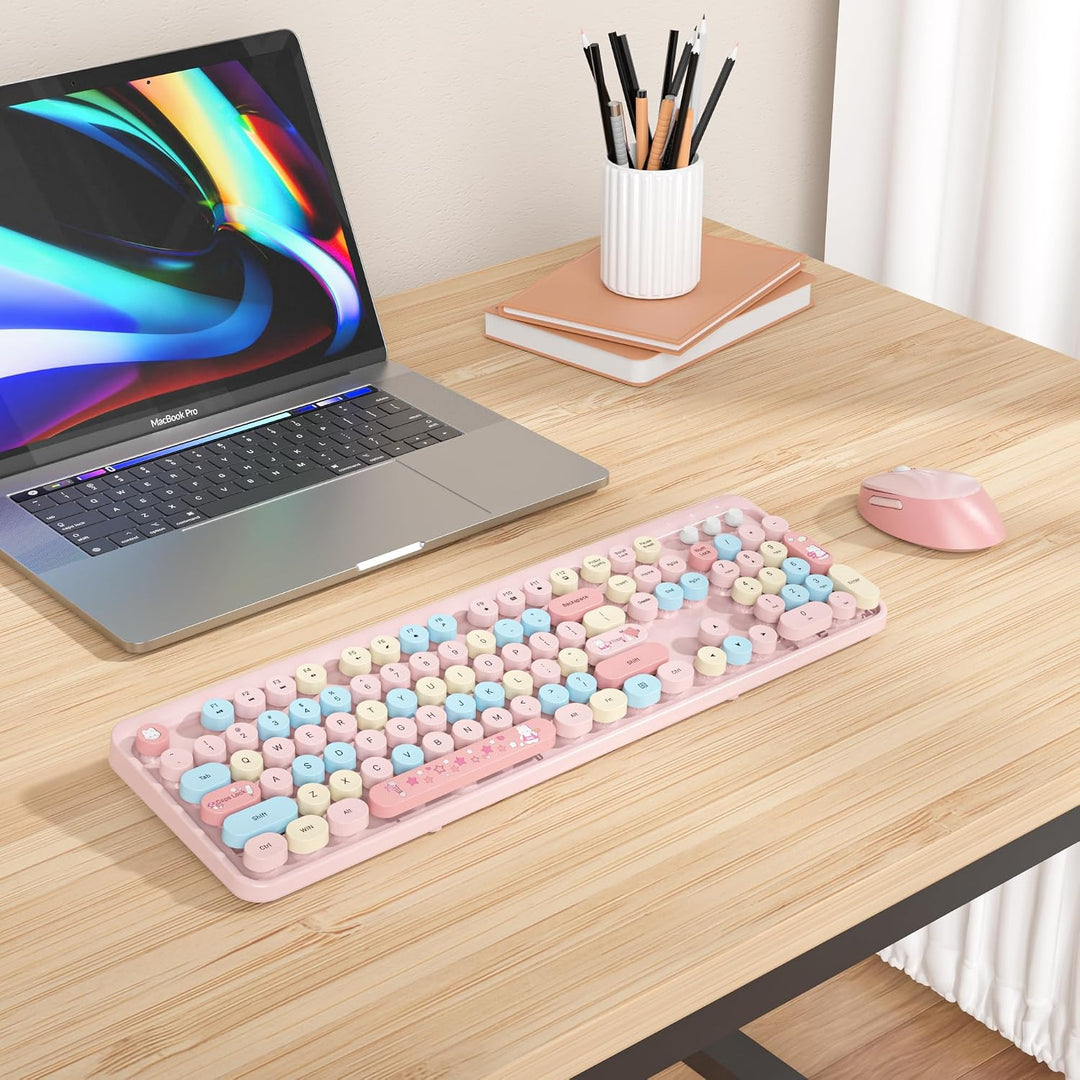 SOLIDEE kabellose Tastatur- und Maus-Kombination,Retro-Schreibmaschinen-Tastatur,2.4GHz runde Tasten