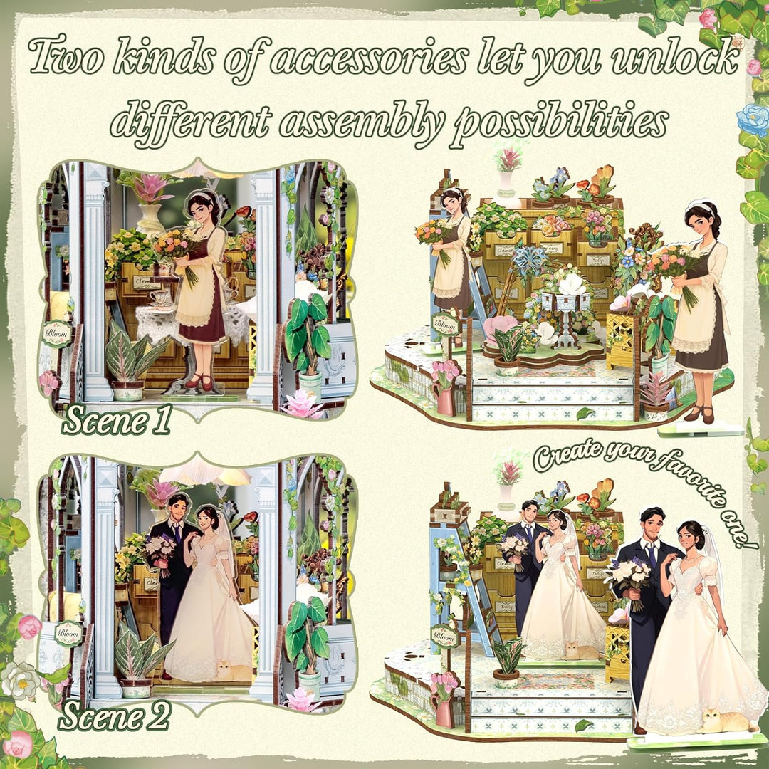 CUTEBEE Book Nook Kit - Puppenhaus für Erwachsene, Elegantes Europäisches Blühendes Miniaturhaus mit