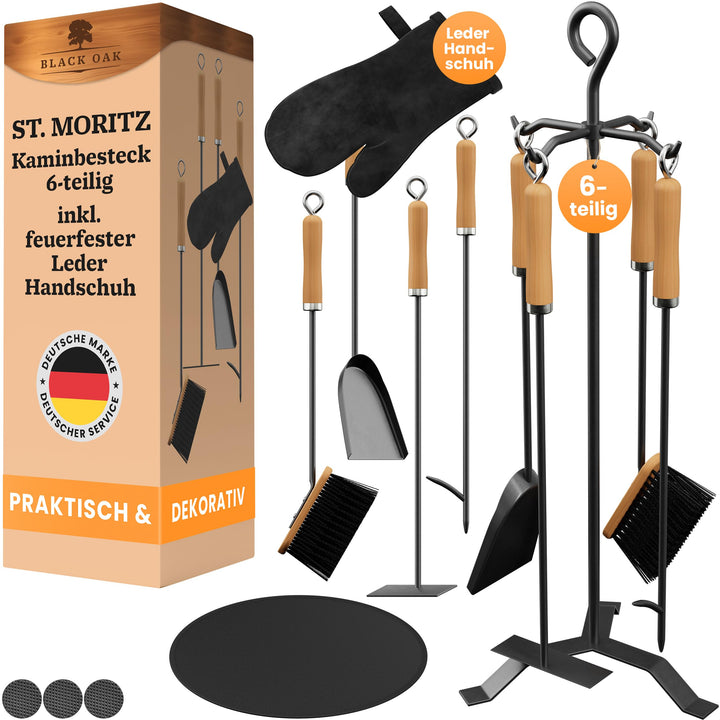 BLACK OAK Kaminbesteck ST. MORITZ 6-teilig mit Lederhandschuh - wohnliches & dekoratives Ofenbesteck