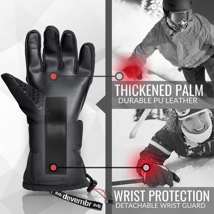 devembr Skihandschuhe mit Handgelenkschützern, Warme Snowboardhandschuhe für Herren und Damen (XS/S/