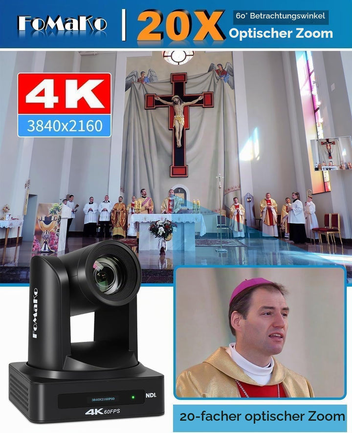 FoMaKo 4K 60FPS NDI HX3 PTZ Kamera, KI-Auto-Tracking, 20x Optischer Zoom NDI-Ausgang 4K@60, mit HDMI