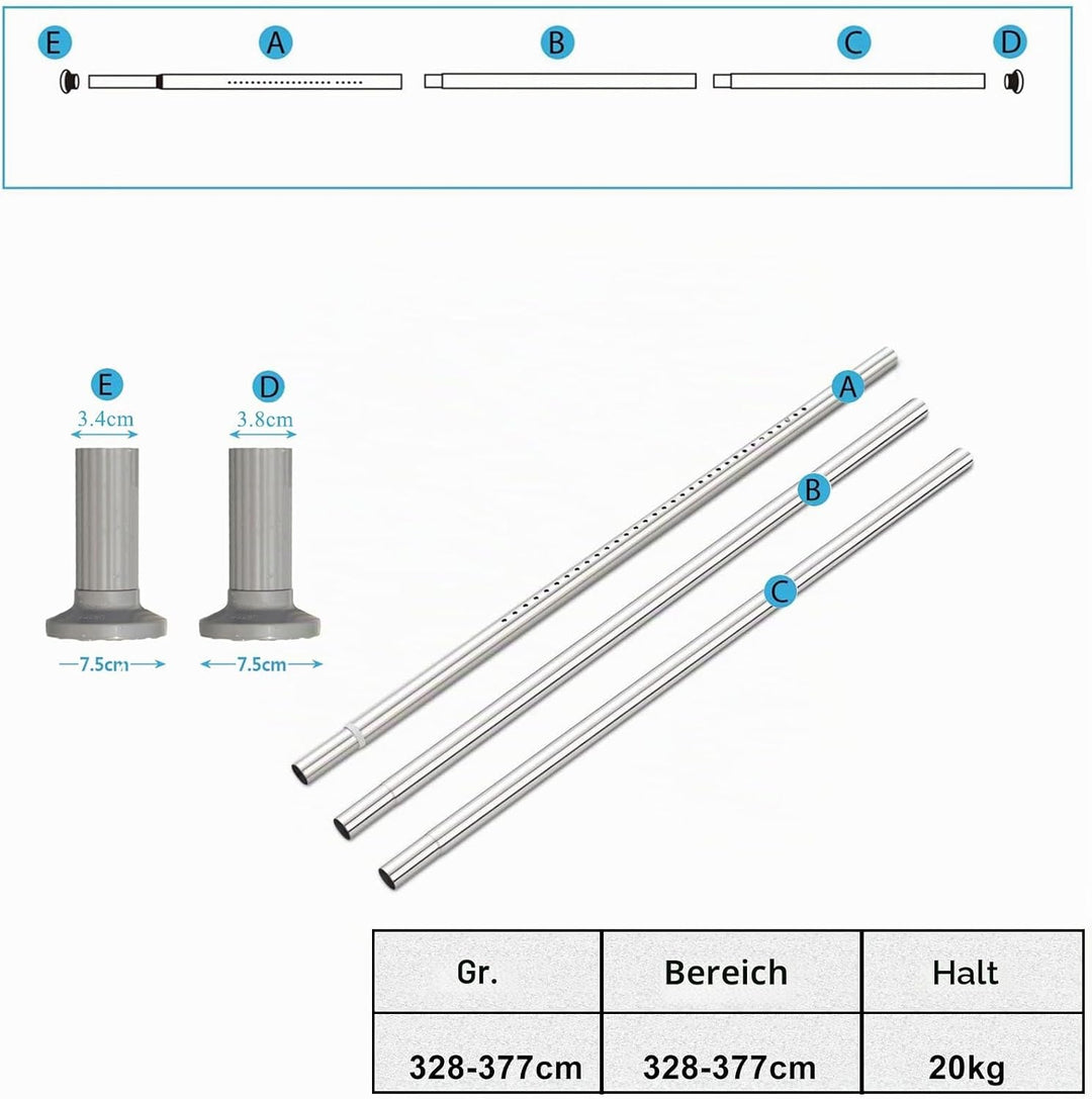 Teleskopstange Ohne Bohren, 328-377cm Ausziehbare Edelstahl Duschvorhangstange für Grosse Fenster/Du