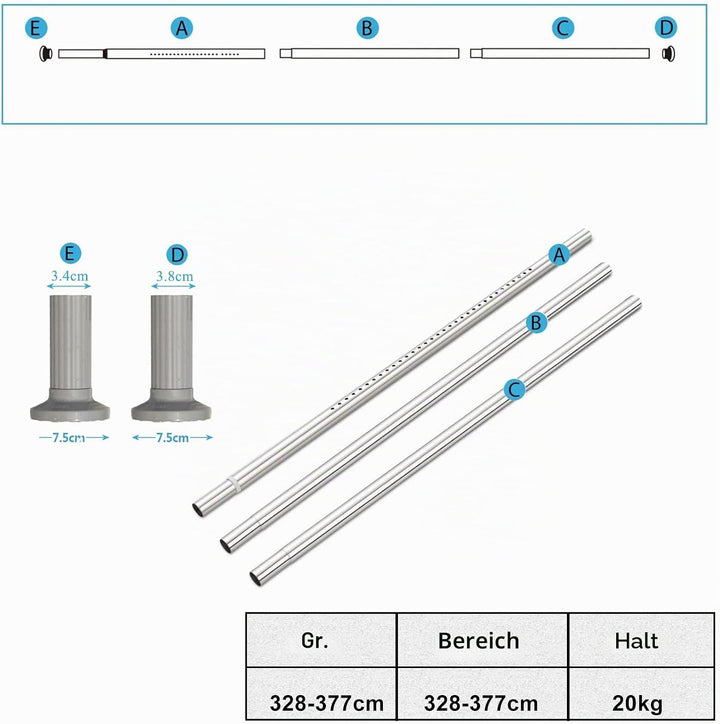 Teleskopstange Ohne Bohren, 328-377cm Ausziehbare Edelstahl Duschvorhangstange für Grosse Fenster/Du